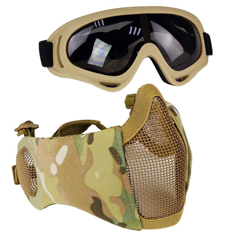 AOUTACC Airsoft Protective Gear Set, Half Face Mesh Mask with Ear Protection and Tactical Goggles for Adult Men Women BBS Paintball Shooting CS Survival Games Cosplay (MC02) - Image 1